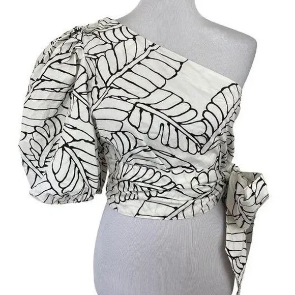 Sketch Palm Leaf Print Wrap Tie One Shoulder Top - Picture 3 of 16
